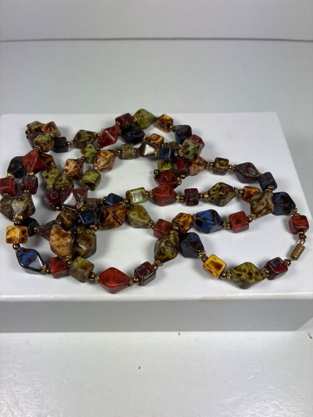 Vintage Long Stone Bead Necklace 46 Inch Earth Tone Boho Jewelry - Picture 5 of 7